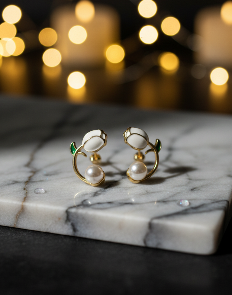 Orecchini Pendenti Tulipano in Smalto e Perla Naturale - Luce di Gemma