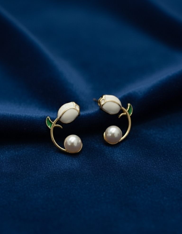 Orecchini Pendenti Tulipano in Smalto e Perla Naturale - Luce di Gemma