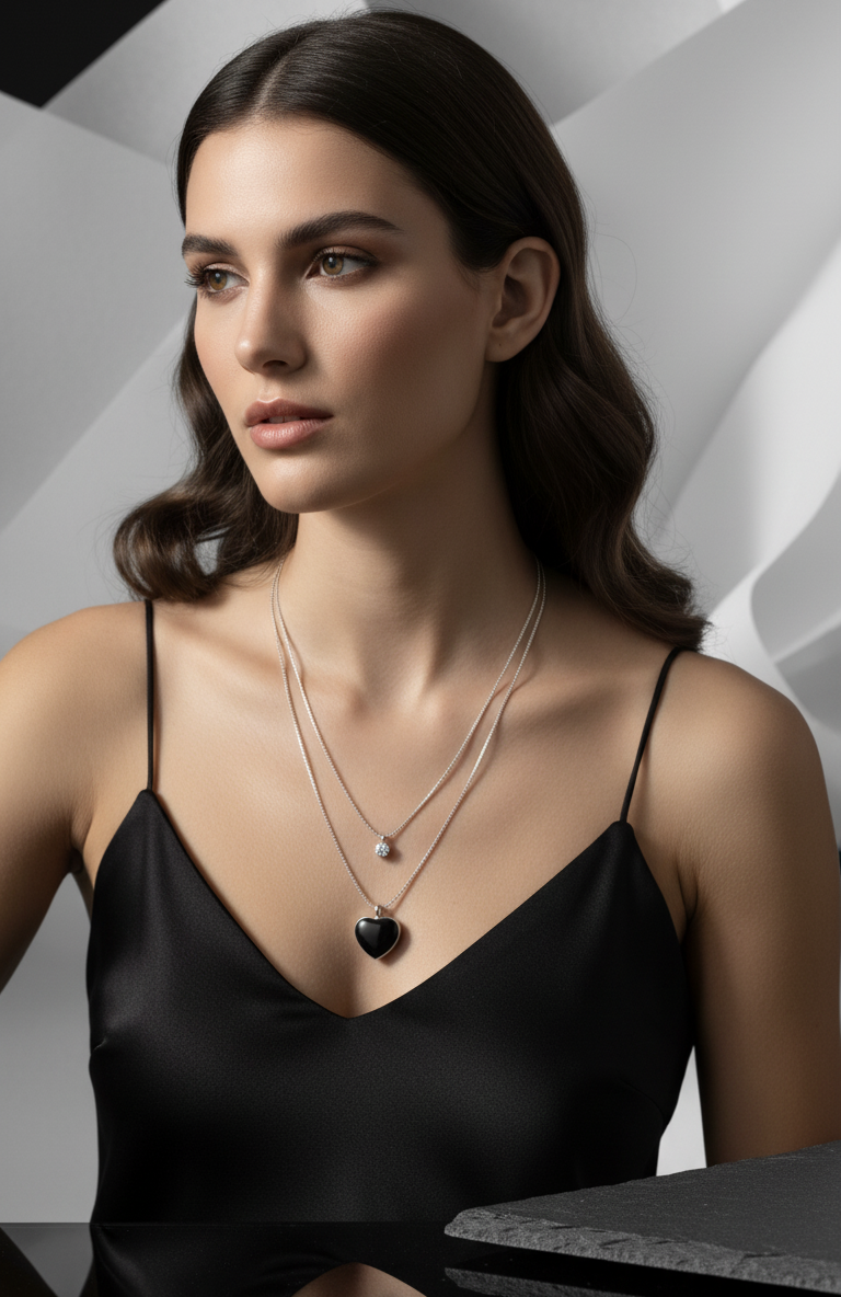 Collana Multistrato con Ciondolo Cuore Nero Lucido - Eleganza Moderna