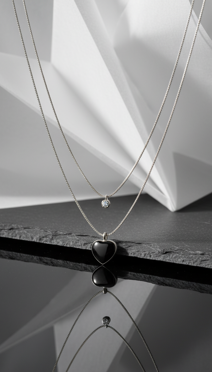 Collana Multistrato con Ciondolo Cuore Nero Lucido - Eleganza Moderna