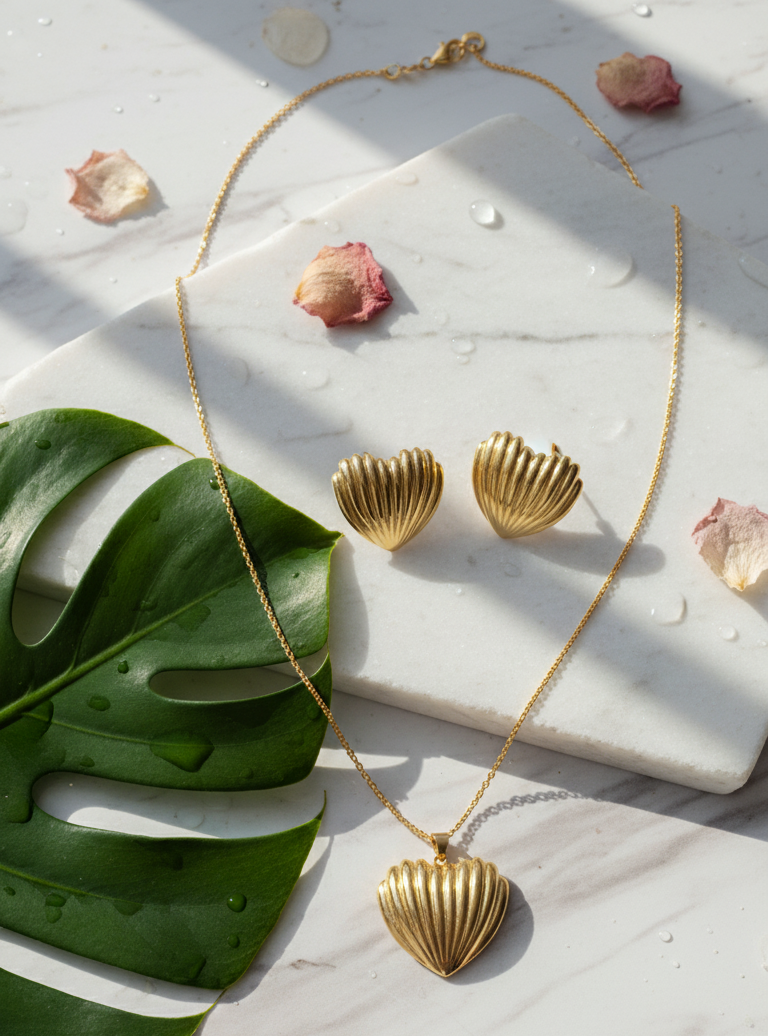 Gold shell necklace and earrings on a marble surface with leaves and petals.