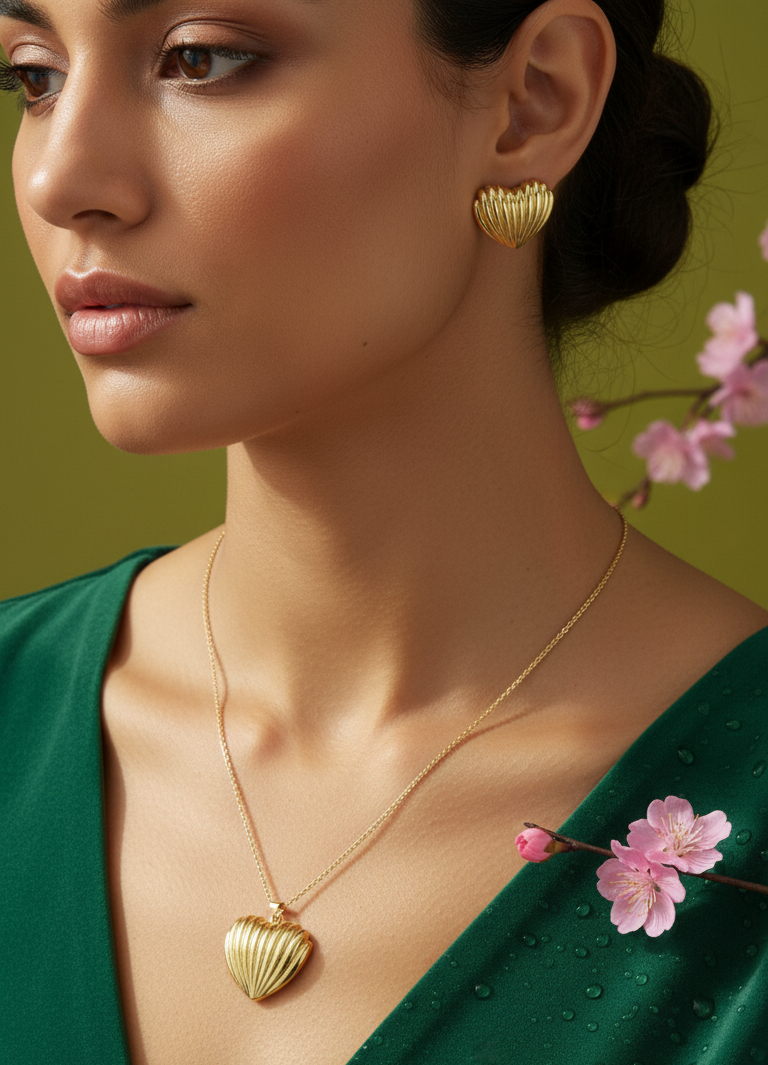 Woman wearing gold heart-shaped jewelry against a green background with pink flowers.