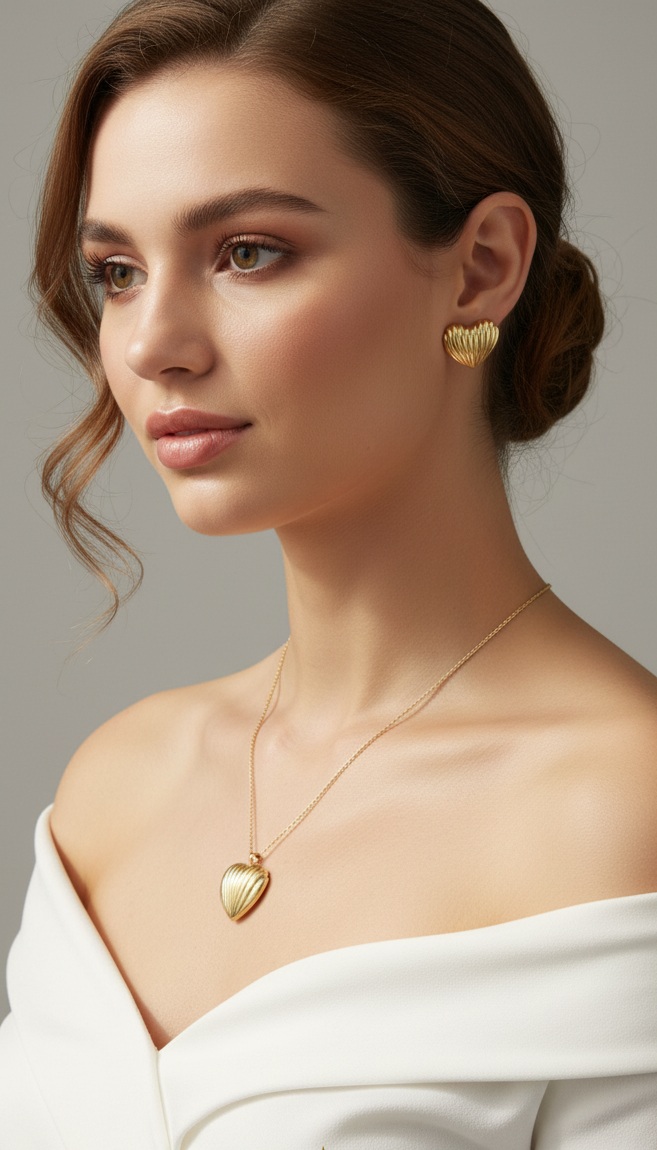 Woman wearing gold jewelry with a neutral background