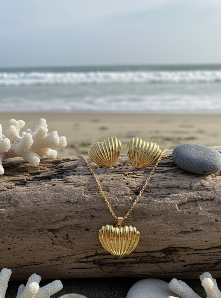 Gold heart-shaped necklace on a beach with coral and shells