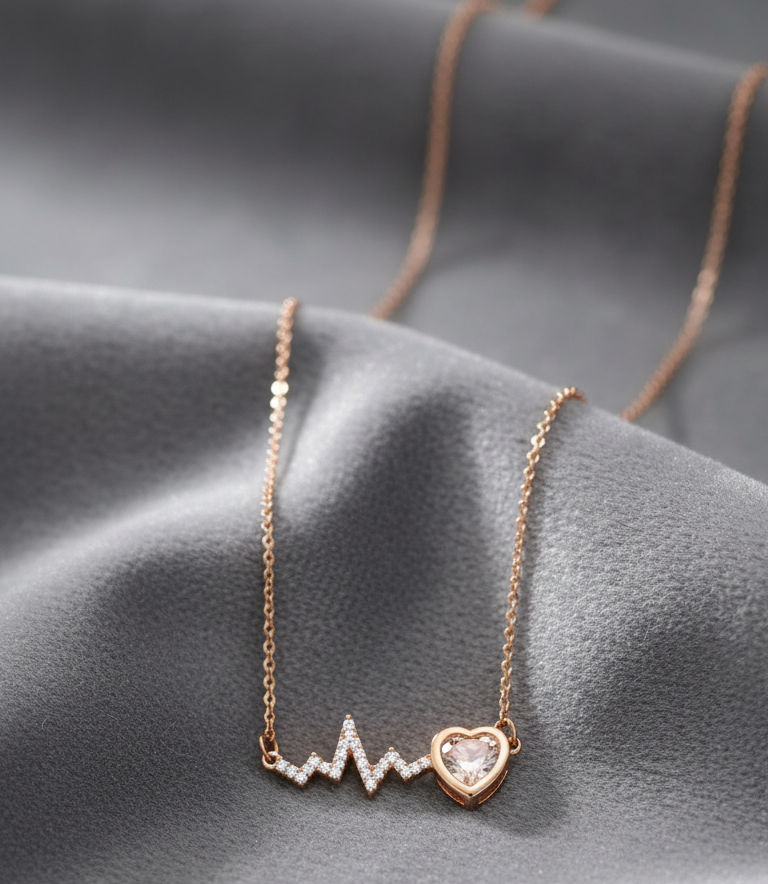 Collana Battito Cardiaco e Cuore Zirconi – Tono Oro Rosa – L'Amore è Vita