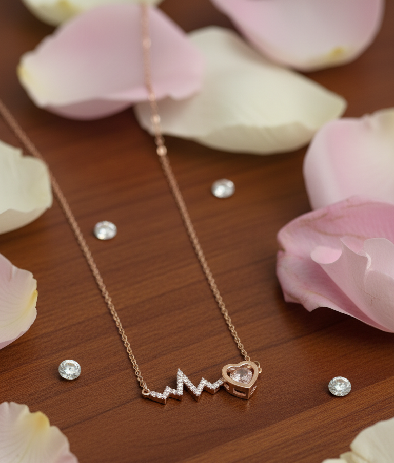 Collana Battito Cardiaco e Cuore Zirconi – Tono Oro Rosa – L'Amore è Vita