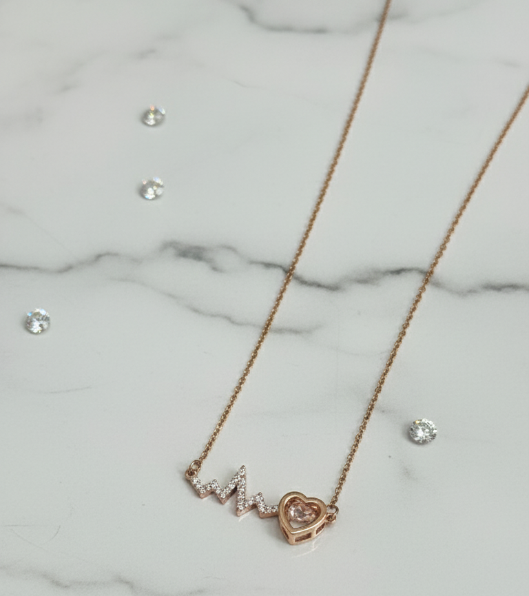 Collana Battito Cardiaco e Cuore Zirconi – Tono Oro Rosa – L'Amore è Vita
