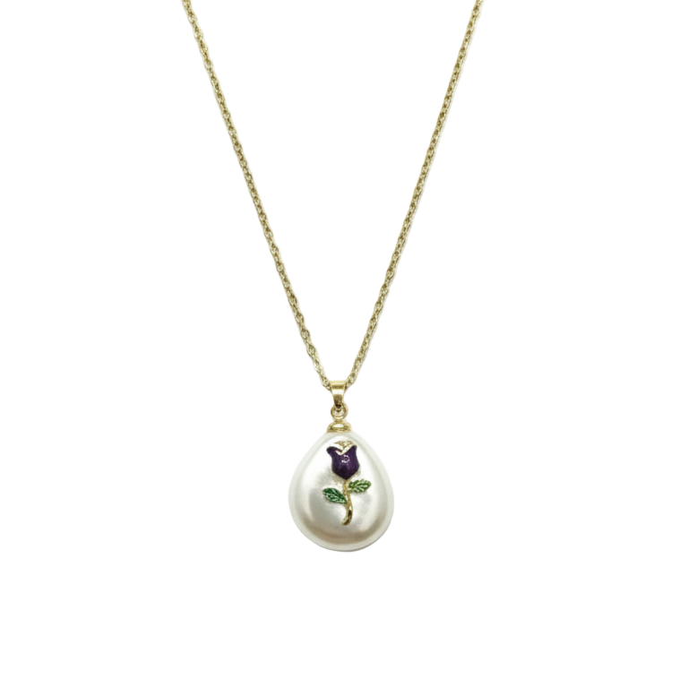 Collana Gemma di Perla Barocca con Tulipano Viola Smaltato - Stile Elegante e Naturale