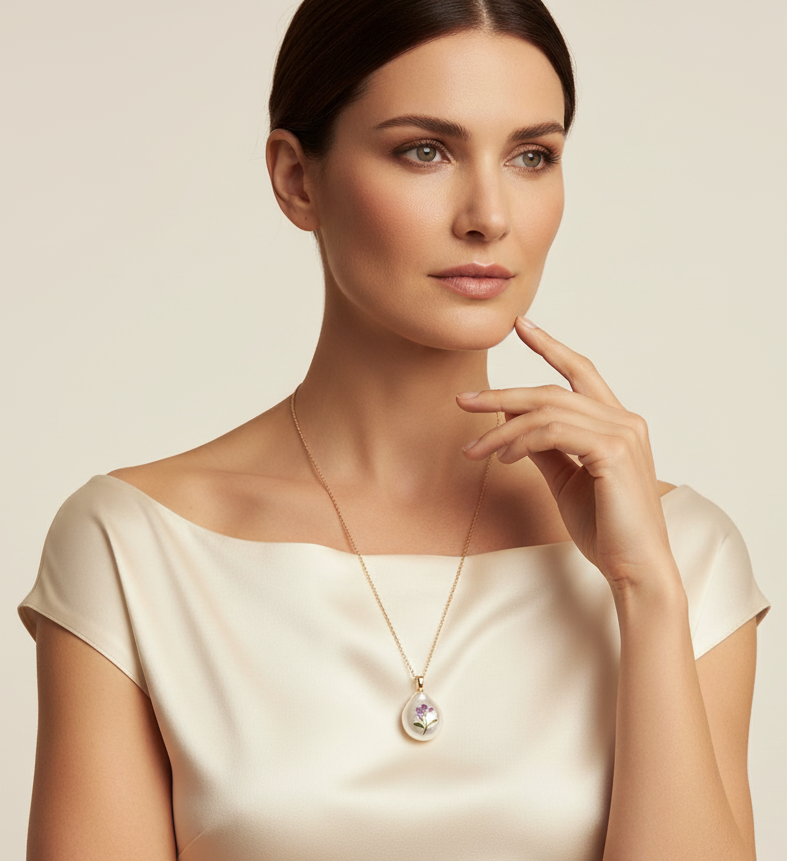 Collana Gemma di Perla Barocca con Tulipano Viola Smaltato - Stile Elegante e Naturale