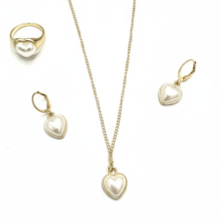 Gold jewelry set with heart-shaped pendants on a white background