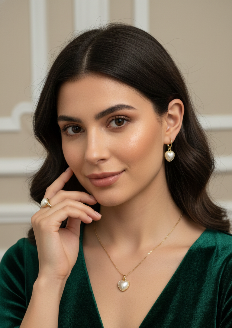 Woman wearing pearl jewelry against a neutral background