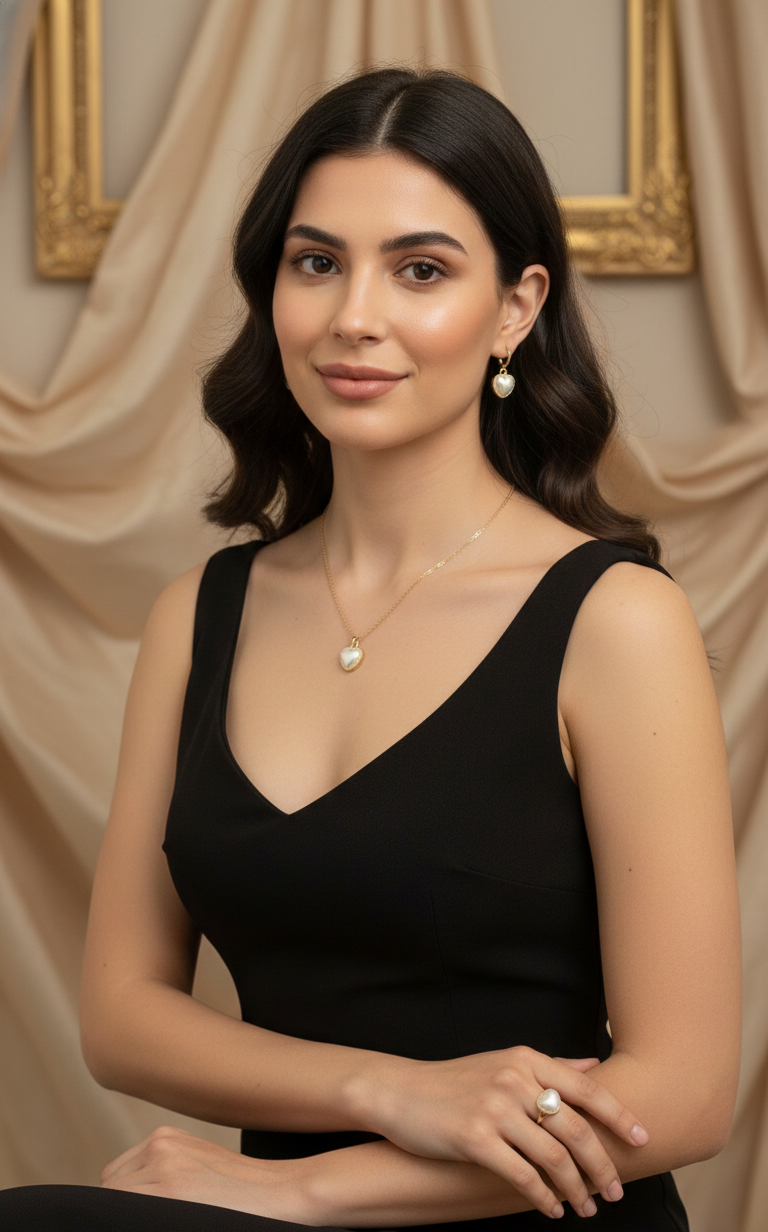 Woman wearing a black dress with a gold necklace and earrings against a beige curtain background