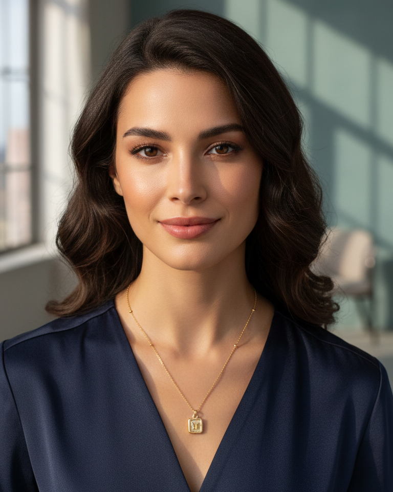 Woman wearing a gold necklace with a square pendant in a bright room.