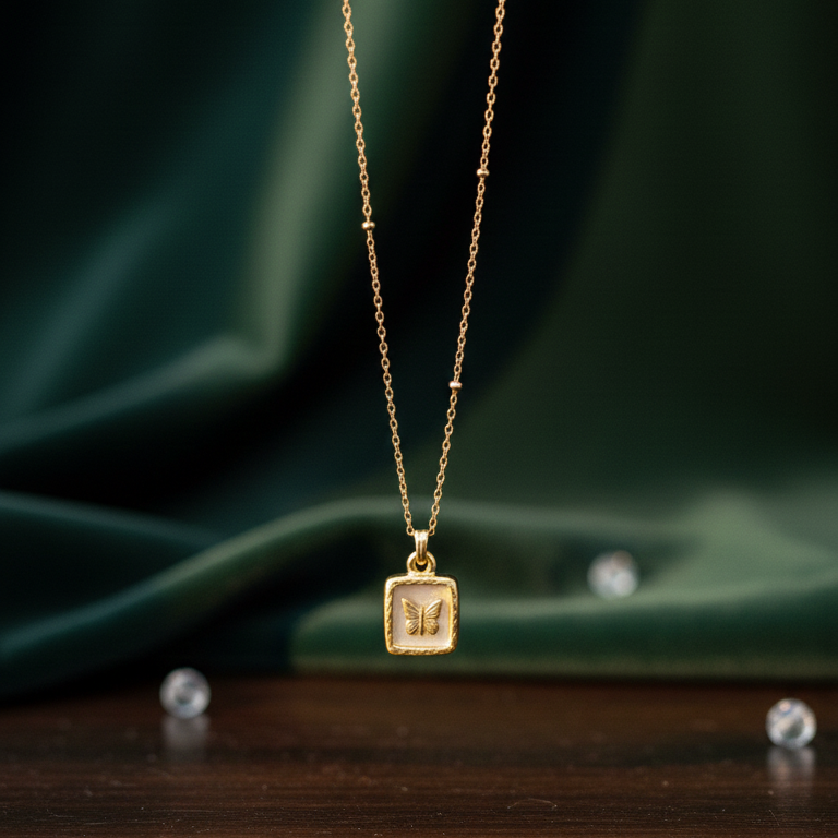 Gold necklace with a square pendant on a dark green fabric background