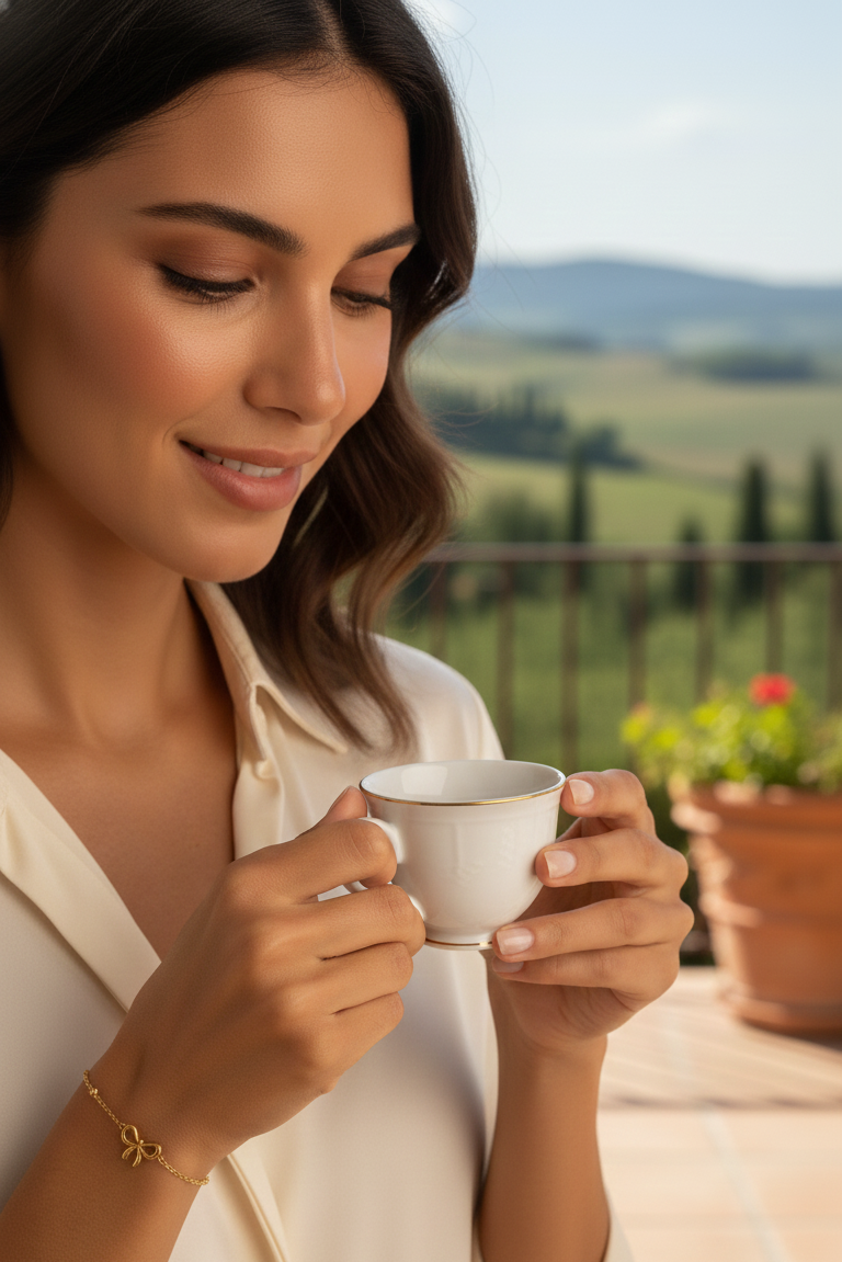 Woman holding a cup with a scenic background