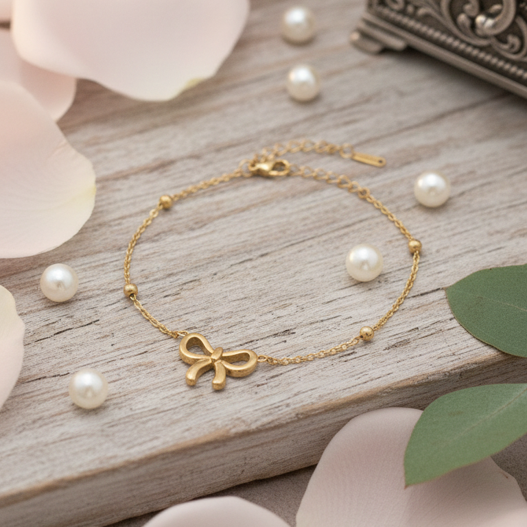 Gold bracelet with a bow charm on a wooden surface with pink petals and a decorative box.