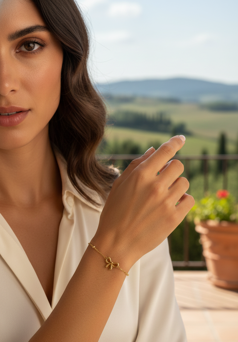 Woman wearing a gold bracelet with a scenic background