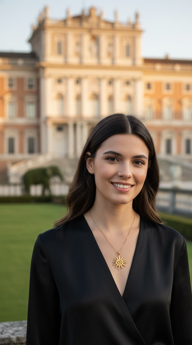 Woman in a black outfit standing in front of a historic building with a peacock in the background