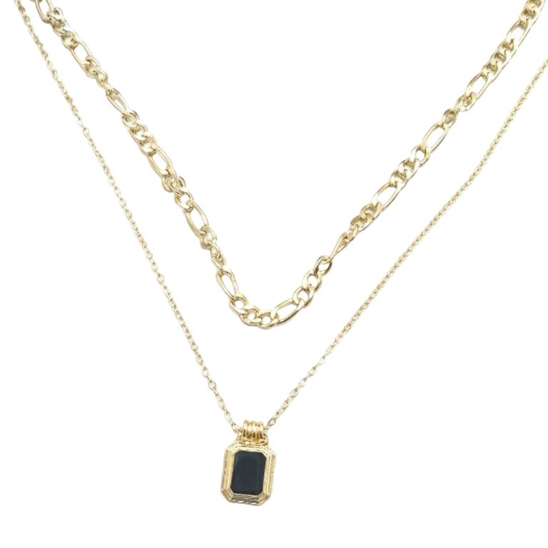 Gold necklace with a black pendant on a white background