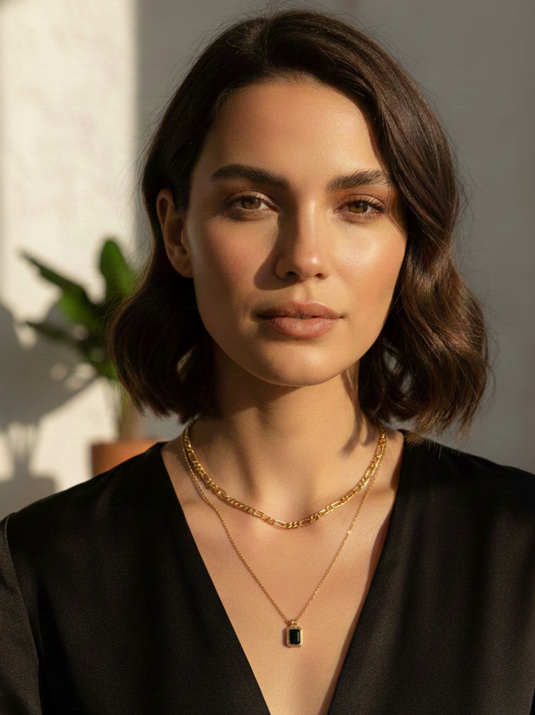 Woman wearing a black top and gold necklace with a pendant indoors.
