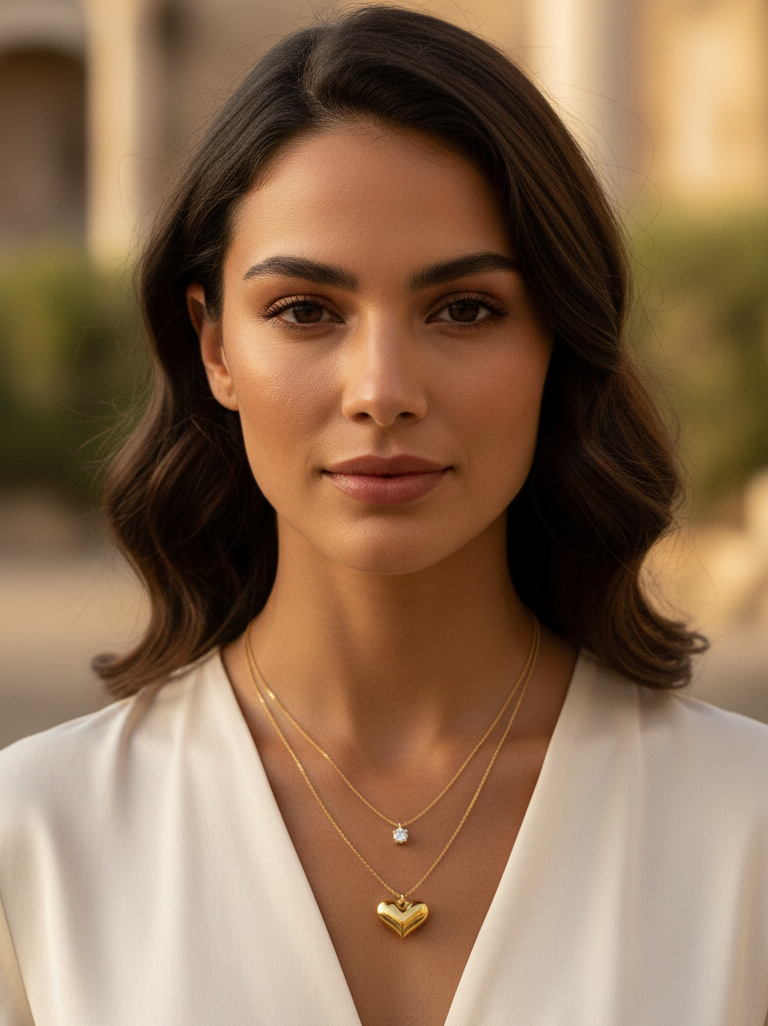 Woman wearing a gold necklace with a heart pendant outdoors