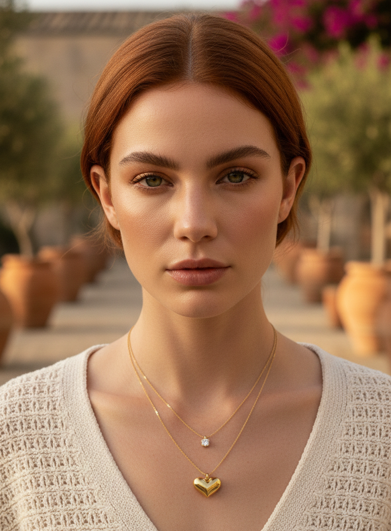 Woman wearing a gold necklace with a heart pendant in an outdoor setting