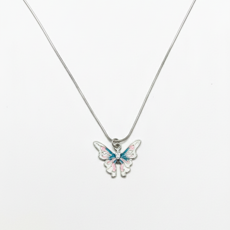 Butterfly pendant necklace on a white background