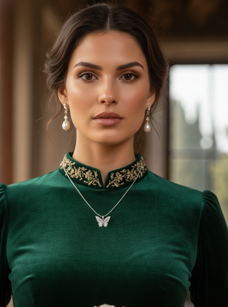 Woman wearing a green dress with floral details and a white rose, standing indoors.