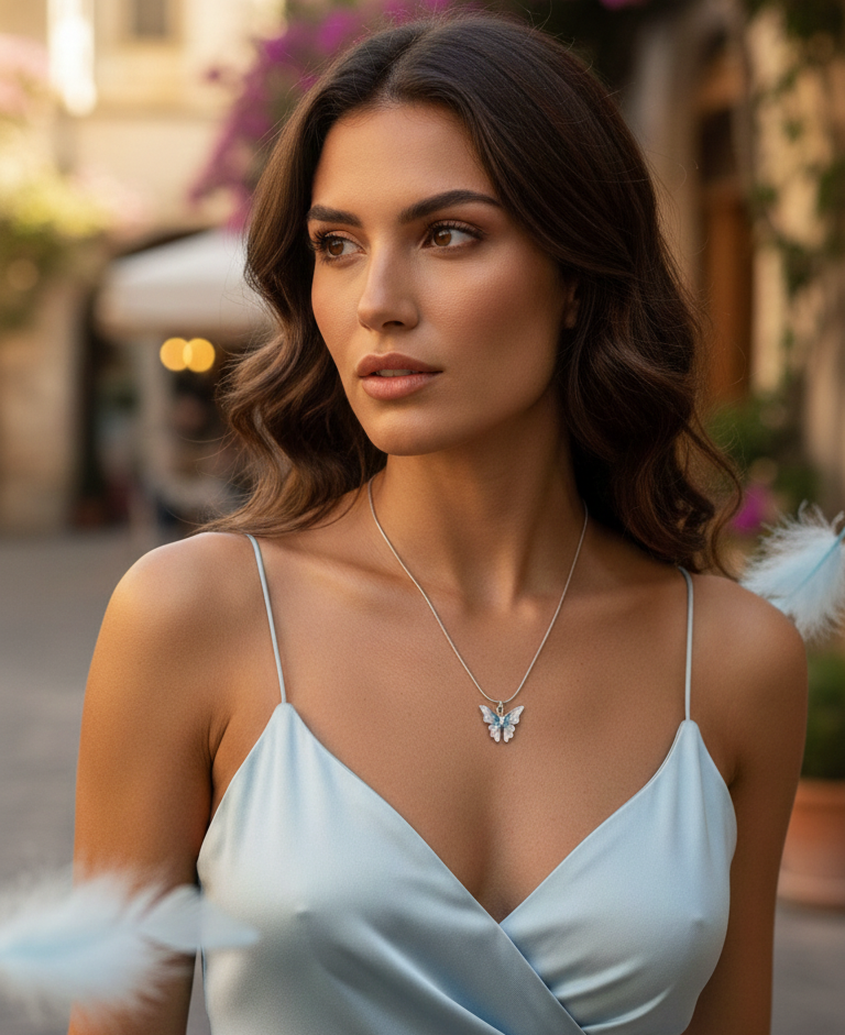 Woman in a light blue dress with a blurred street scene in the background