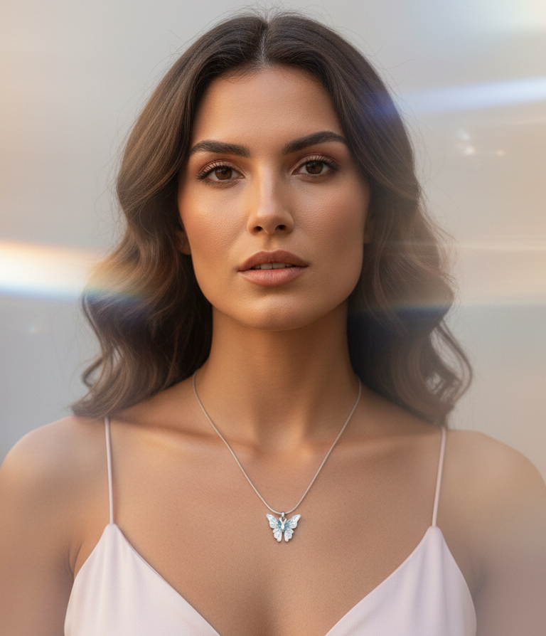 Woman wearing a butterfly necklace against a neutral background