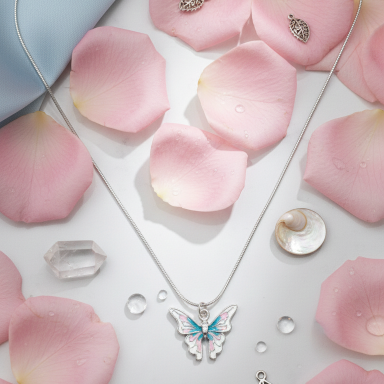 Silver necklace with butterfly pendant on pink rose petals
