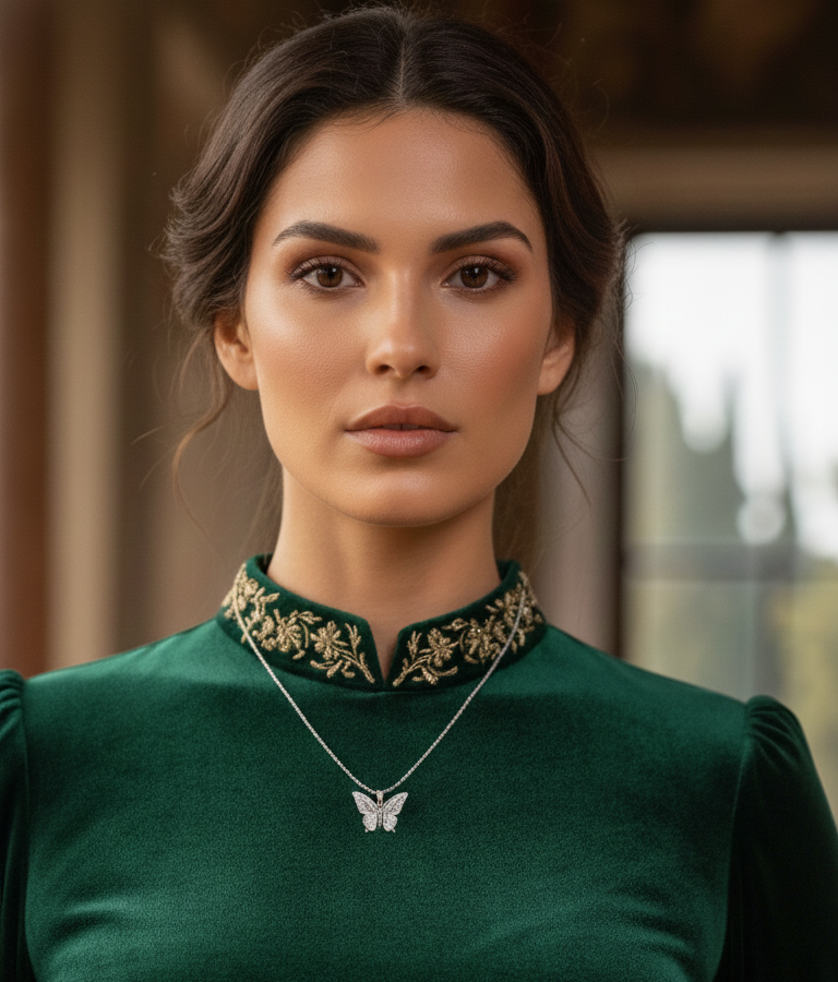 Woman wearing a green dress with a white rose and butterfly necklace.
