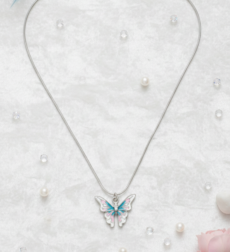 Butterfly necklace on a light gray background with pearls and flowers