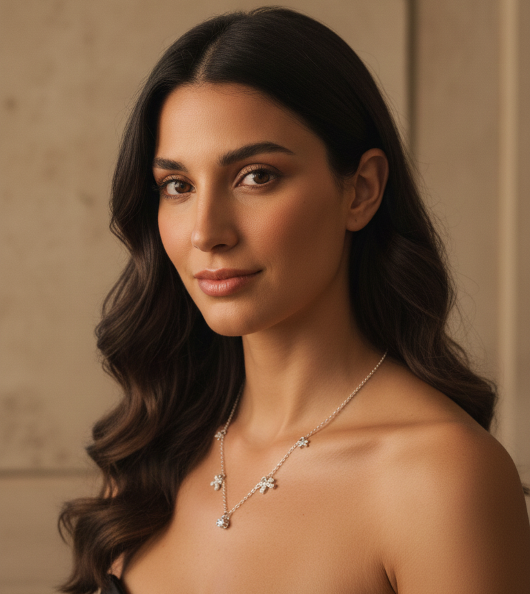 Woman wearing a black strapless dress and necklace against a neutral background