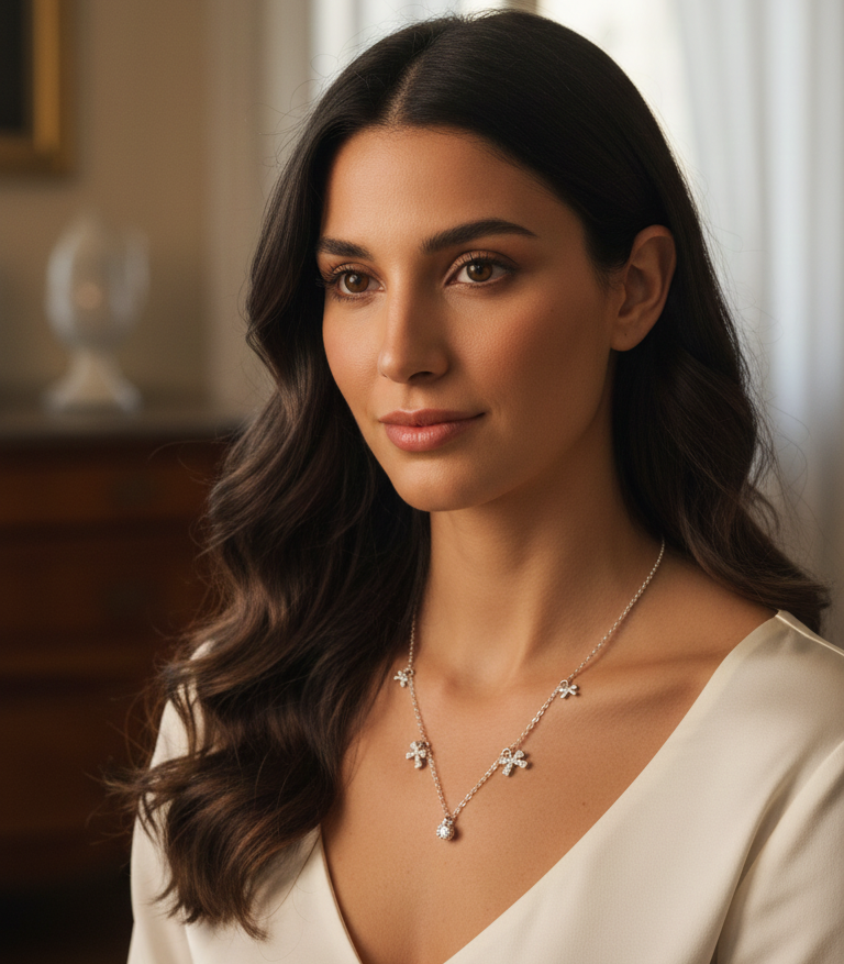 Woman wearing a necklace in a softly lit room