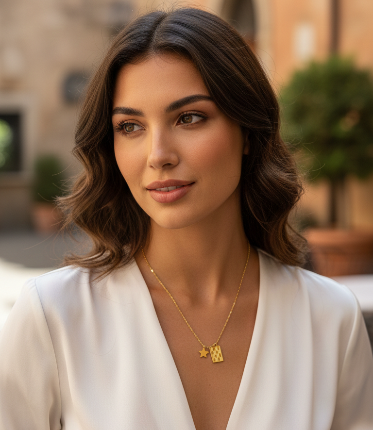 Collana Scacchiera e Stella - Acciaio Inossidabile Colore Oro