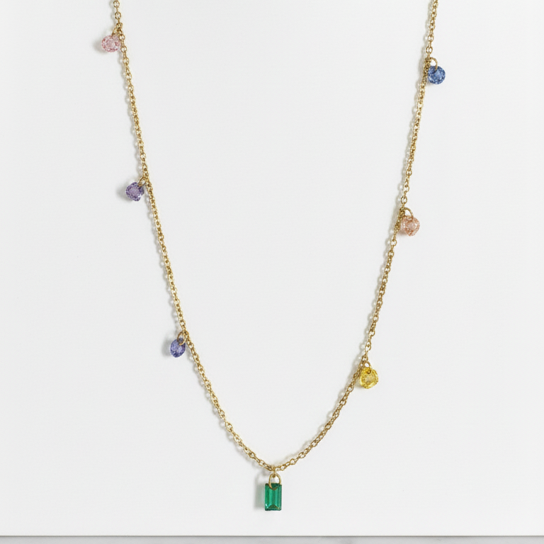 Collana "Rainbow Drops" con Cristalli Multicolori - Acciaio Color Oro