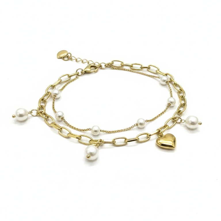 Bracciale Doppio Strato Catena Perle e Cuore Bombato - Colore Oro