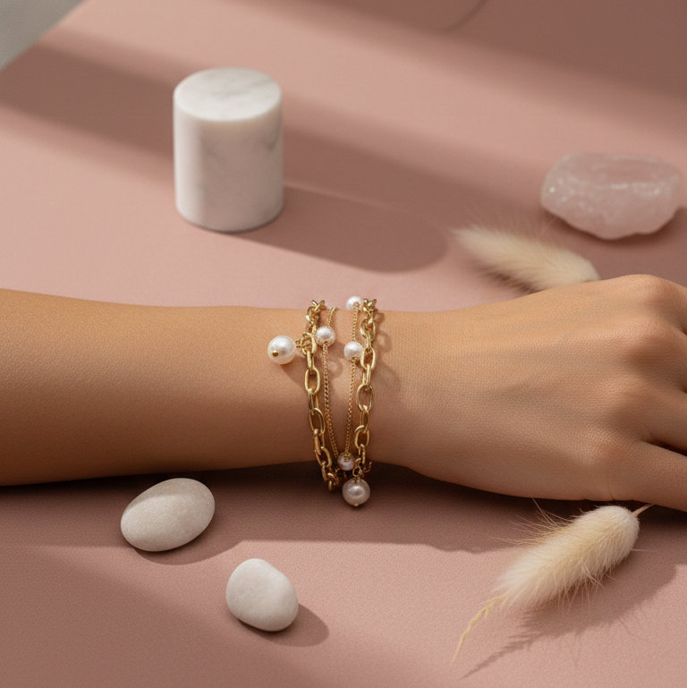 Bracciale Doppio Strato Catena Perle e Cuore Bombato - Colore Oro