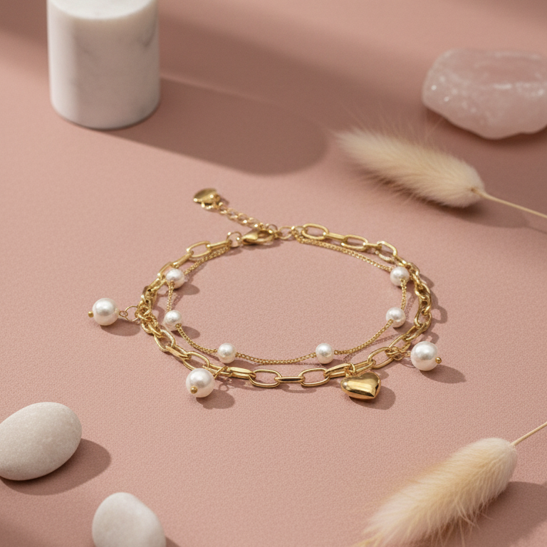 Bracciale Doppio Strato Catena Perle e Cuore Bombato - Colore Oro