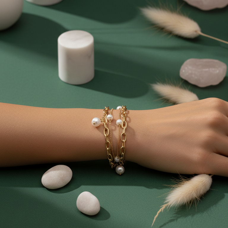 Bracciale Doppio Strato Catena Perle e Cuore Bombato - Colore Oro