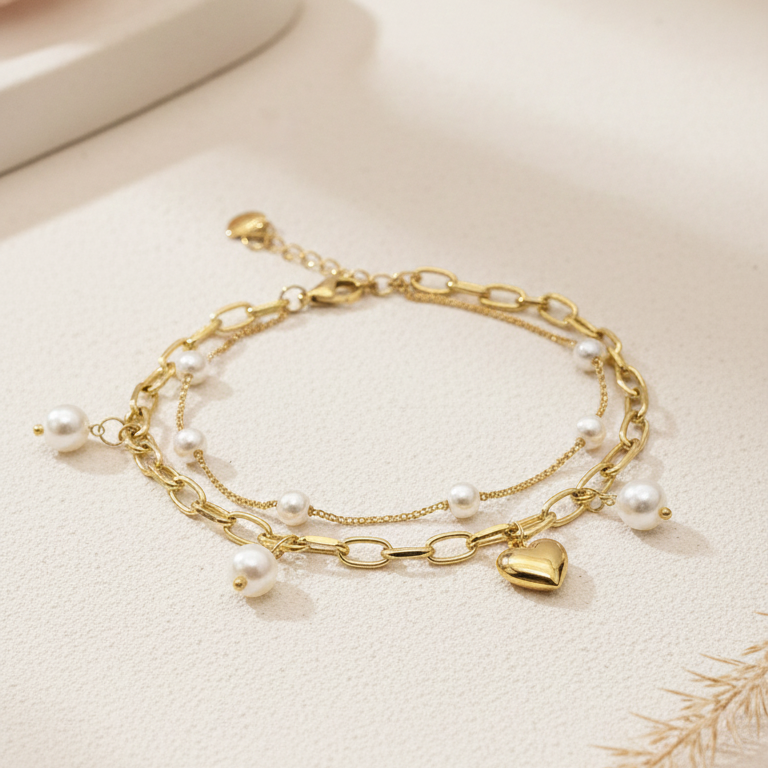 Bracciale Doppio Strato Catena Perle e Cuore Bombato - Colore Oro