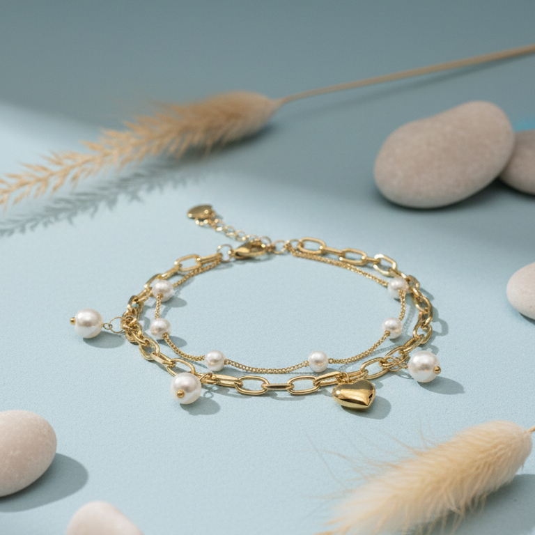 Bracciale Doppio Strato Catena Perle e Cuore Bombato - Colore Oro