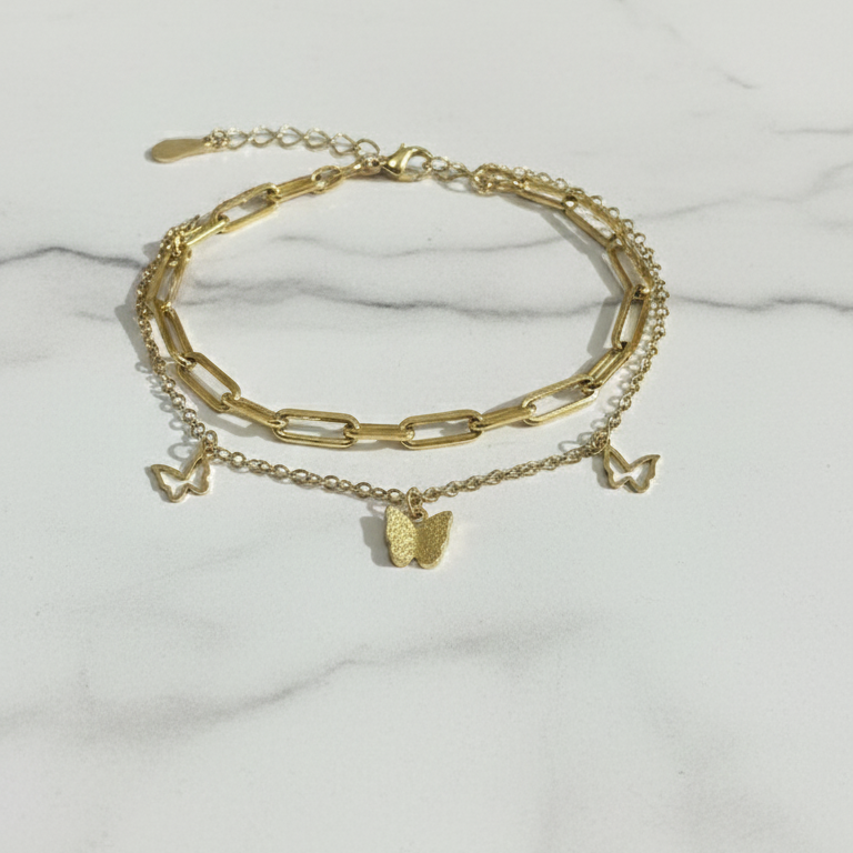 Bracciale Catena Multistrato Farfalle Eleganti - Acciaio Inossidabile Liscio