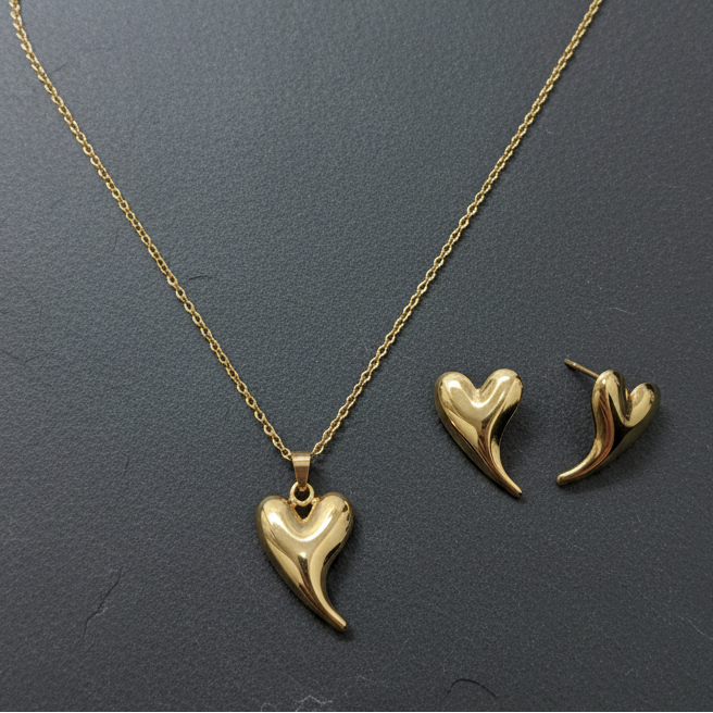Set Collana e Orecchini "Cuore Curvato" - Placcato Oro Stile Lussuoso