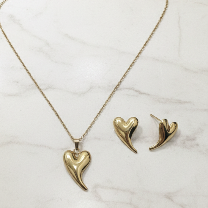 Set Collana e Orecchini "Cuore Curvato" - Placcato Oro Stile Lussuoso
