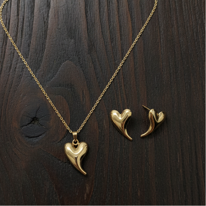 Set Collana e Orecchini "Cuore Curvato" - Placcato Oro Stile Lussuoso
