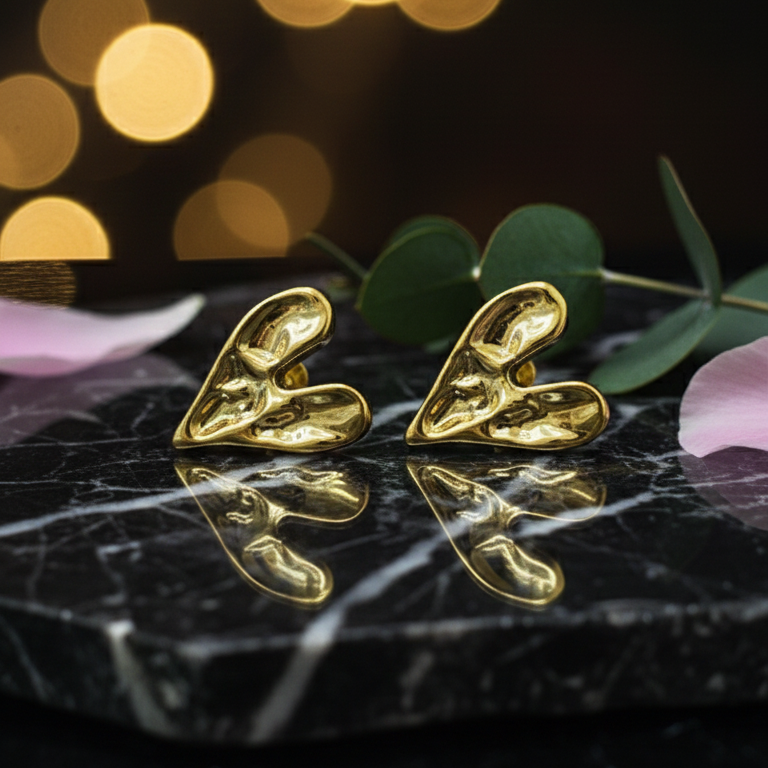 Orecchini Cuore Fuso Irregolare Placcati Oro 18K - Design Organico Trendy