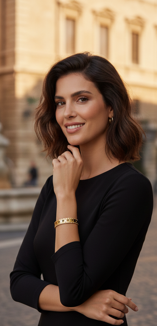 Bracciale Rigido a Fascia con Cuori Intagliati Placcato Oro - Romantico