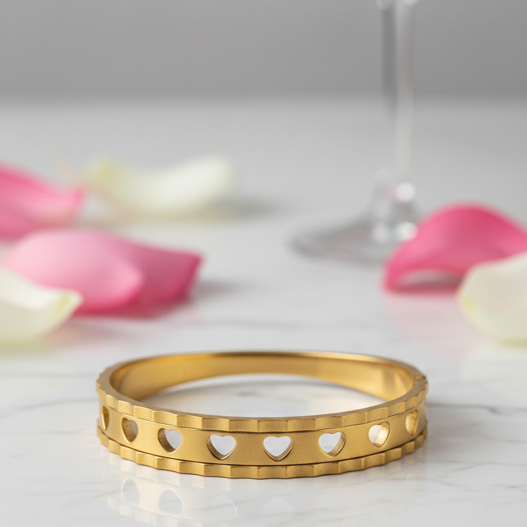 Bracciale Rigido a Fascia con Cuori Intagliati Placcato Oro - Romantico